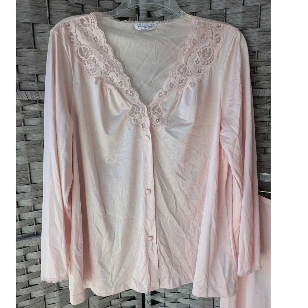 Vtg Vanity Fair Pajama 2‎ Pc Set Pink Lace Trim Antron III Nylon Silky Feel Lg